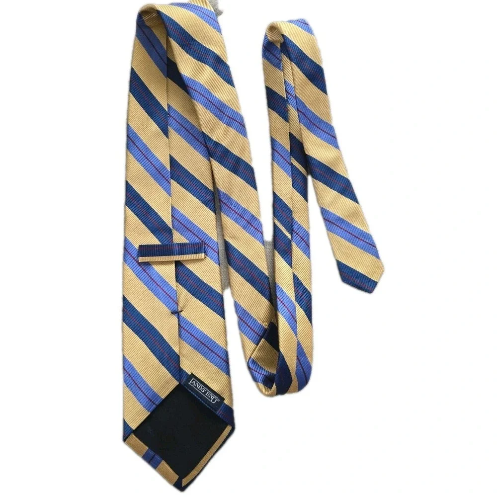 Landsend Men Necktie Yellow & Blue Striped‎ 100% Silk Classic Preppy Formal Tie